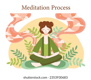 Oriental culture. Meditation practice. Asian woman in traditional clothes meditating. Harmony, relaxation and healthy lifestyle. Flat vector illustration
