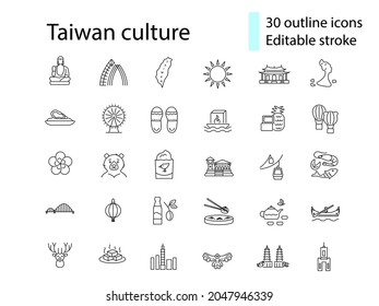 Oriental culture of Taiwan outline icons set. Taiwanese attractions. Asian national tradition. Customizable linear contour symbols collection. Editable stroke. Isolated vector stock illustration