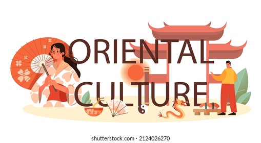 typografische Header der orientalischen Kultur. Professioneller Wissenschaftler, der in der Nähe und im fernen Osten antike und moderne Gesellschaft und Kultur erforscht. Asiatische Länder studieren. Flache Vektorgrafik