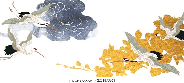 Oriental decoration with Crane birds element. Hand drawn chinese cloud with gold cherry blossom vector.  Flyer, banner or presentation in vintage style. Watercolor texture with geometric icons