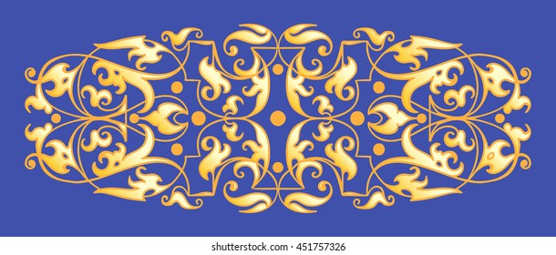 Oriental decorative element. Zentangle gold on a blue background. Vector illustration.