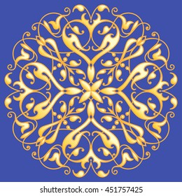 Oriental decorative element. Zentangle mandala gold on a blue background. Vector illustration.