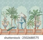 Oriental decorative pattern with palm tree, plant, bird, peacock Chinoiseries illustration for wallpaper