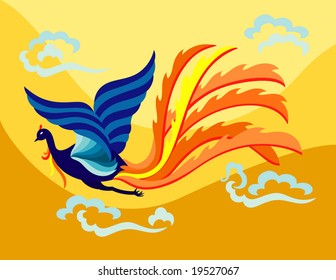 an oriental decorative phoenix flapping it’s wing in the sky with flamed feather.