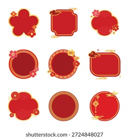 Conjunto de etiqueta roja decorativa oriental. colección de Vector de marcos chinos tradicionales y Anuncios de texto con acentos florales dorados para el diseño de vacaciones