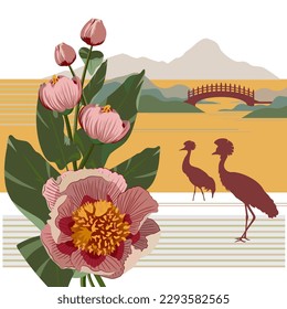 Oriental design with crowned crane silhouette, japanese bridge and peony flowers. Vector illustration