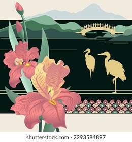 Oriental design with herons silhouettes, japanese bridge and iris flowers. Vector illustration