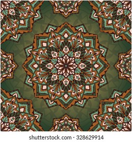 Oriental design of mandalas. Vector seamless filigree ornament on green background. Template for textiles, shawl, carpets, cushions.