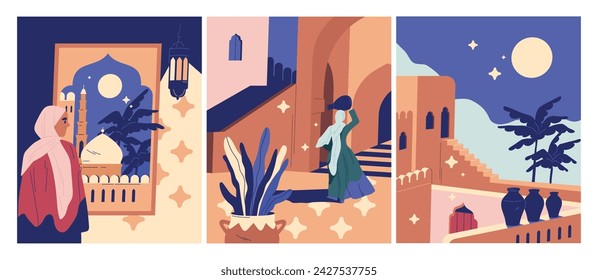 Oriental design of three vector illustrations, with a woman wearing headscarf on the background of a mosque, girl in traditional clothes and traditional Arabian dwelling on the background of the moon