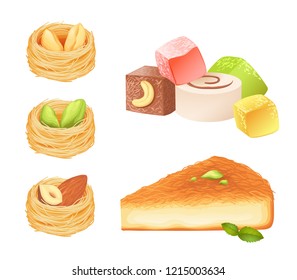 Oriental desserts isolated on white.  Sweet nests with nuts, turkish delight  and kanafeh. Vector illustration