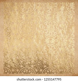 Oriental detailed pattern of geometric flowers in golden paint metallic foil decorative backdrop origami paper vintage old texture with gold ink glitter foil background Hanami spring festival vector