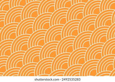 Oriental diagonal ornament with orange round or arch shapes. Japanese seigaiha pattern. Scallops print. Fish squama, snake or dragon scale. Repeating suns background. Vector flat illustration.