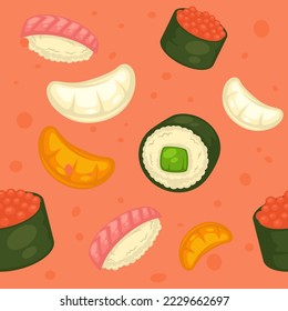 Platos orientales y asiáticos, sushi y panecillos aislados con pescado y nori, arroz y salmón. Productos sabrosos y nutritivos para una dieta y una alimentación equilibradas. Patrón sin foco. Vector de estilo plano