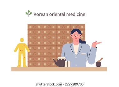 An oriental doctor is giving an explanation at the oriental clinic. She has a drawer with medicinal herbs behind her and a tool for making herbal medicines in front.