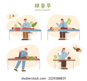 An oriental doctor who treats a patient in an oriental clinic. Patients are lying in bed and receiving acupuncture and cupping treatment. Chinese Character Translation: Oriental Medicine