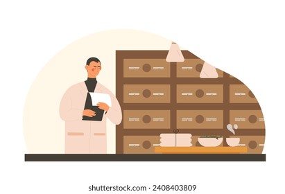 Oriental doctor at workplace. Man in medical uniform with notepad near green tea, herbal salad and towels. Alternative medicine, health care and treatment. Cartoon flat vector illustration