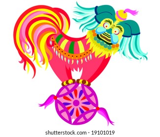 an oriental dog playing and standing on a big oriental ball.