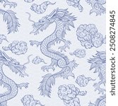 Oriental Dragon Flying In Clouds Seamless Pattern. Traditional Chinese Mythological Animal Illustration. Blue White Festival Serpent On Scallop Background. Wrapping Paper, Wallpaper, Textile Design