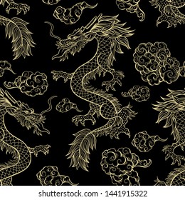 Oriental dragon flying in clouds seamless pattern. Traditional Chinese mythological animal hand drawn illustration. Golden festival serpent on red background. Wrapping paper, wallpaper, textile design