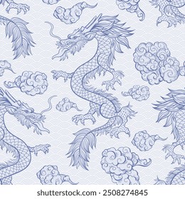 Oriental Dragon Flying In Clouds Seamless Pattern. Traditional Chinese Mythological Animal Illustration. Blue White Festival Serpent On Scallop Background. Wrapping Paper, Wallpaper, Textile Design