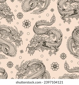 Oriental dragon monochrome pattern seamless with miniature flowers and dangerous predators from mythical stories of Asia and Japan vector illustration