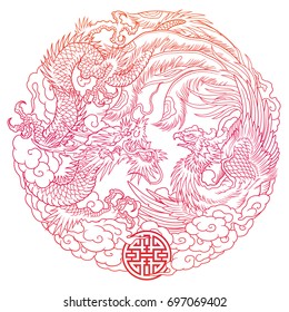 oriental dragon and phoenix circle outline