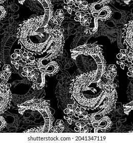 Oriental dragon with sakura seamless pattern. Traditional Chinese mythological animal hand drawn illustration. Golden festival serpent on black background. Wrapping paper, wallpaper, textile design.