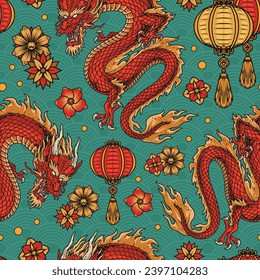 Oriental dragons colorful seamless pattern with menacing lizards with horns and mane near Asian hanging lanterns and flowers vector illustration