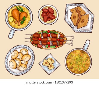 Oriental, eastern country national cuisine food, exotic culinary, arabian sweets and meat dishes isolated, cartoon vector set. Umm ali, basbousa, kahk, baklava, biryani, kebab on plates illustration