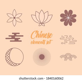 oriental element decoration lotus flower and ornament icons set vector illustration line design