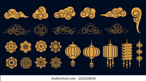 Oriental elements. Asian gold traditional decoration, chinese and japanese, korean art objects. Golden clouds and plant, flowers and laterns vector collection