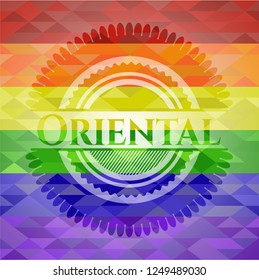 Oriental emblem on mosaic background with the colors of the LGBT flag