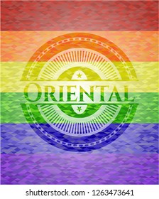 Oriental emblem on mosaic background with the colors of the LGBT flag