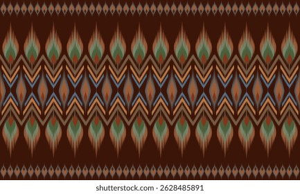 Oriental ethnic geometric pattern. Traditional ikat border on abstract brown background. Folk tribal vector illustration. Beautiful Aztec embroidery. Ancient art of arabic patterns. Kente fabric. Inte
