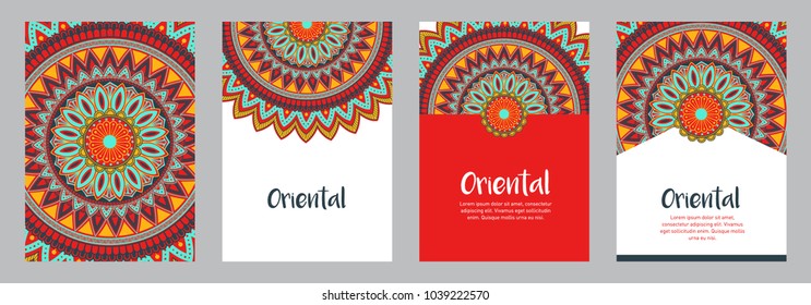 Oriental ethnic Mandala ornament. Colorful ornamental ethnic banner set. Templates with doodle tribal mandalas. Vector illustration for cards, invitation, banners and print. 