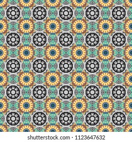 Oriental ethnic ornament in blue, beige and gray colors. Stylized floral doodle background. Colorful seamless pattern in mosaic style. Textile fabric paper print. Vector patchwork quilt pattern.