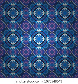 Oriental ethnic ornament in gray, violet and blue colors. Textile fabric paper print. Colorful seamless pattern in mosaic style. Vector patchwork quilt pattern. Stylized floral doodle background.