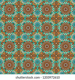 Oriental ethnic ornament in green, brown and blue colors. Stylized floral doodle background. Vector patchwork quilt pattern. Colorful seamless pattern in mosaic style. Textile fabric paper print.