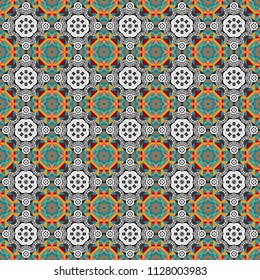 Oriental ethnic ornament in white, gray and blue colors. Stylized floral doodle background. Colorful seamless pattern in mosaic style. Textile fabric paper print. Vector patchwork quilt pattern.