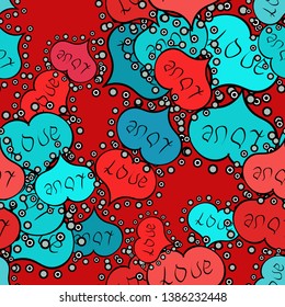 Oriental ethnic pattern. Seamless pattern Heart, love. Vector. Design. Anti stress valentine vintage decorative element. Hand drawn illustration on red, blue, black colors. Coloring book page design.