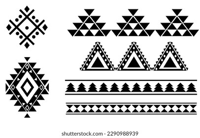 Patrón étnico oriental. Conjunto de ornamentos étnicos. Diseño tribal, símbolos geométricos para tatuajes, logotipo, tarjetas, tejidos decorativos. ilustración vectorial de impresión tradicional. sobre fondo blanco.