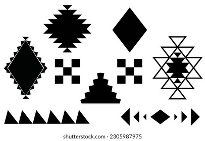 Patrón étnico oriental. Conjunto de ornamentos étnicos. Diseño tribal, símbolos geométricos para tatuajes, logotipo, tarjetas, tejidos decorativos. ilustración vectorial de impresión tradicional. sobre fondo blanco.