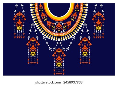 Oriental ethnic round neck embroidery, geometric element design for neck decoration, collar decoration, fabric, and background.
