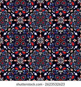 Oriental étnico padrão sem emenda fundo tradicional Design para tapete, papel de parede, roupas, envoltório, batik, tecido, Vetor ilustração estilo bordado.
