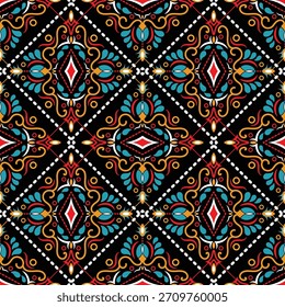 Oriental étnico padrão sem emenda fundo tradicional Design para tapete, papel de parede, roupas, envoltório, batik, tecido, Vetor ilustração estilo bordado.