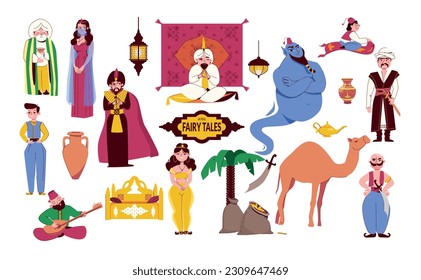 Oriental fairy tales flat set of fairytale heroes in ethnic suits old wise man bedouin camel genie magic lamp isolated vector illustration