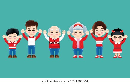 An oriental family with winter costume and both hands raised.