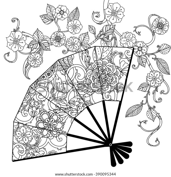 花柄のセンタングル解釈を施した東洋の扇 白黒 ベクターイラスト デザイン 織物 ポスター カラーブックに最適 のベクター画像素材 ロイヤリティフリー