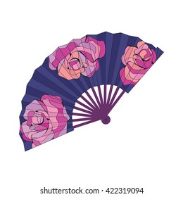 Oriental fan decorated with roses flowers Vector illustration for your design, textiles, posters, coloring book