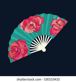 Oriental fan decorated with roses flowers illustration for your design, textiles, posters, coloring book